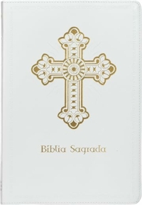 Bíblia Sagrada Católica, Letra Grande, Cruz, Couro-soft branca